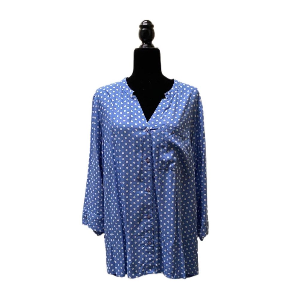 La Cera Women's Blue & White Polka Dotted Blouse, Button-Down, XL, Pre-owned